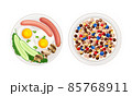 Breakfast meal dishes set. Fried eggs with vegetables and sausages, cereal and milk with berries served on plates vector illustration 85768911
