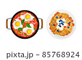 Breakfast meal dishes set. Fried eggs and Belgian waffles served on plates vector illustration 85768924