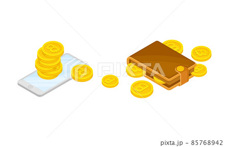 Bitcoins transferring from account to wallet. Cryptocurrency technology, bitcoin exchange cartoon vector illustration 85768942