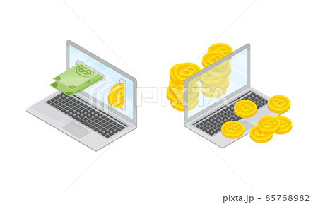 Bitcoin secure worldwide payment. Cryptocurrency technology, bitcoin exchange cartoon vector illustration 85768982