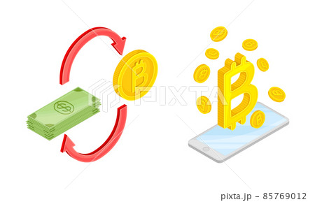 Bitcoins transferring, cryptocurrency exchange technology cartoon vector illustration 85769012