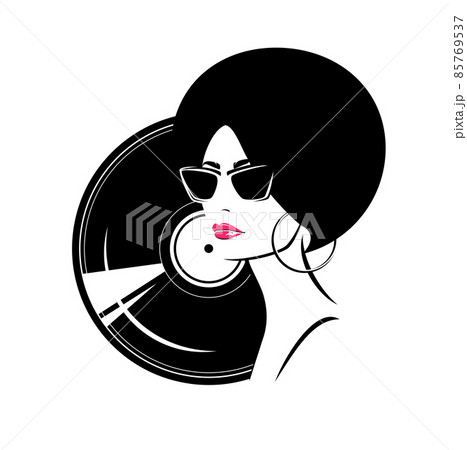 vinyl music record and cool funky woman with red lips and sunglasses vector portrait vinyl music record and cool funky woman with red lips and sunglasses vector portrait 85769537