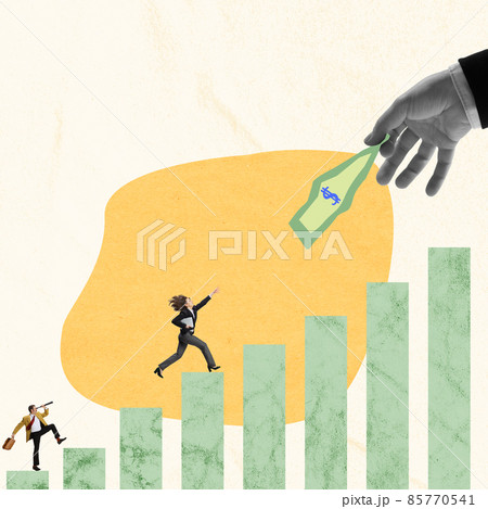 Contemporary art collage. Young woman, employee runing in direction towards giant hand with money 85770541