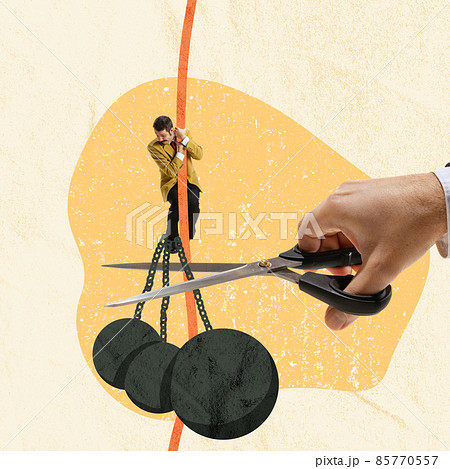 Contemporary art collage. Businessman climbinf the rope and giant hand cutting it with scissors symbolizing obstacles Contemporary art collage. Businessman climbinf the rope and giant hand cutting it with scissors symbolizing obstacles 85770557