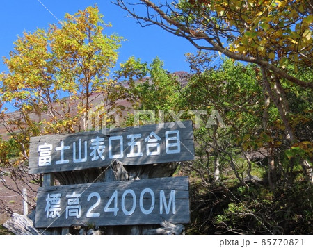 富士山の五合目から青空と色づき始めた紅葉 富士山の五合目から青空と色づき始めた紅葉 85770821