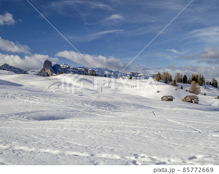 dolomites snow panorama wooden hut val badia armentarola hill 85772669