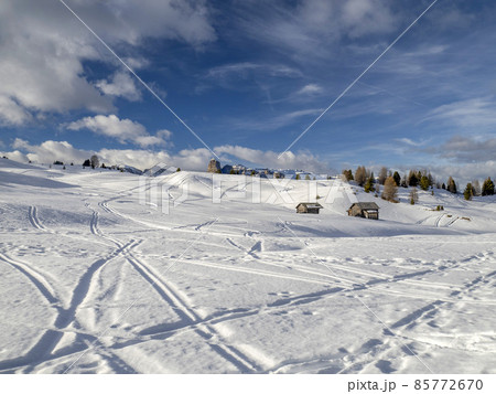 dolomites snow panorama wooden hut val badia armentarola hill 85772670