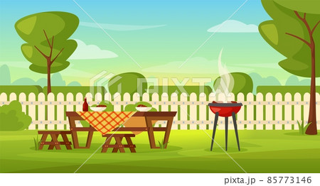 Family barbeque in house backyard with grill and picnic table. Outdoor bbq summer party in garden patio cartoon vector illustration Family barbeque in house backyard with grill and picnic table. Outdoor bbq summer party in garden patio cartoon vector illustration 85773146