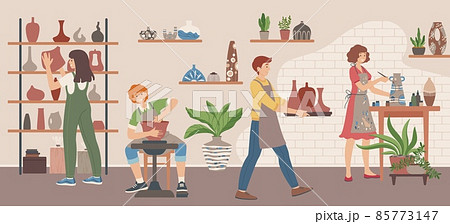 Pottery workshop, character making clay pot on wheel. Potter painting on vase, handcrafted ceramics, creative pottery hobby vector illustration 85773147