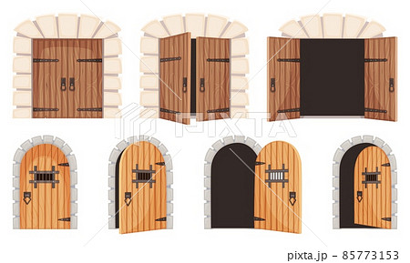 Opened and closed medieval doors, old castle gate, dungeon door. Cartoon wooden prison doorway, ancient city entrance gates vector set Opened and closed medieval doors, old castle gate, dungeon door. Cartoon wooden prison doorway, ancient city entrance gates vector set 85773153