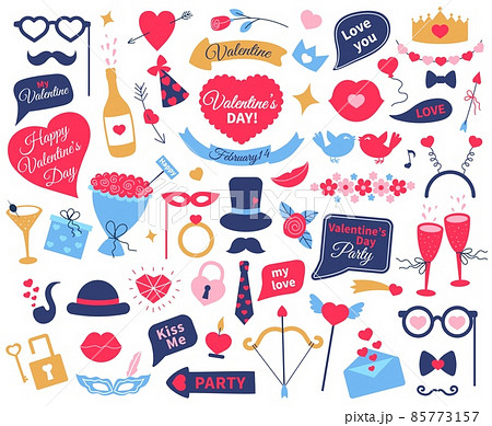Valentines day photo booth props, valentine celebration decor. Funny hats, masks, lips, mustaches, speech bubbles party accessories vector set Valentines day photo booth props, valentine celebration decor. Funny hats, masks, lips, mustaches, speech bubbles party accessories vector set 85773157