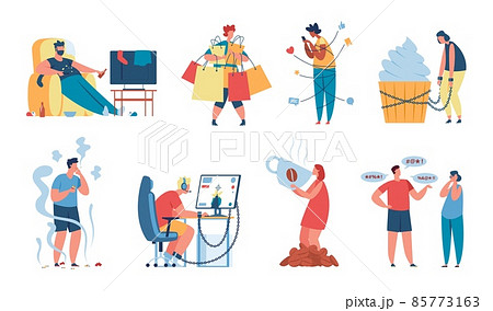 Young characters addicted to social media, gaming or tv. People with different addictions and bad habits, smoking addiction vector set 85773163
