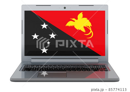 Papuan New Guinean flag on laptop screen. 3D illustration Papuan New Guinean flag on laptop screen. 3D illustration 85774113