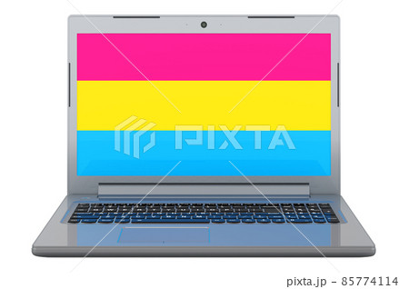Pansexual flag on laptop screen. 3D illustration Pansexual flag on laptop screen. 3D illustration 85774114