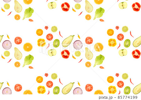 Fruits and vegetables slices isolated on white. Seamless pattern. 85774199