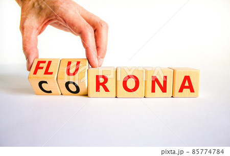 Covid-19 corona and flu flurona symbol. Doctor turns cubes and changes the word corona to flurona. Beautiful white background. Medical, covid-19 corona and flu flurona concept. Copy space. Covid-19 corona and flu flurona symbol. Doctor turns cubes and changes the word corona to flurona. Beautiful white background. Medical, covid-19 corona and flu flurona concept. Copy space. 85774784