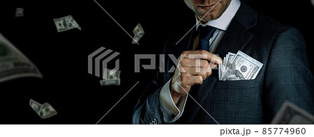 Dollar bill. Business man hand holding Washington American cash. Usd money falling banner. 85774960