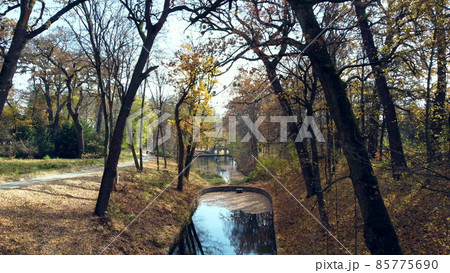 Aerial drone view flight through tree branches in park with lakes, architecture Aerial drone view flight through tree branches in park with lakes, architecture 85775690