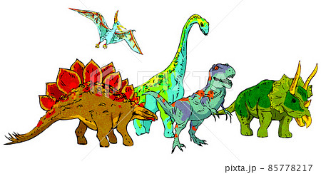 恐竜たちが行進するカラフルな色彩のイラストのイラスト素材