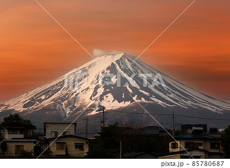 Fuji and the city view in the evening on twilight sky background. 85780687