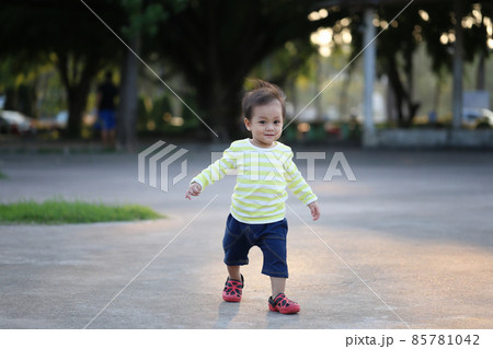 Asian boy is learning to walk in the garden. Asian boy is learning to walk in the garden. 85781042