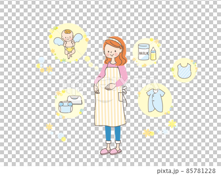 出産の準備を考える妊婦とベビー用品セット 出産の準備を考える妊婦とベビー用品セット 85781228