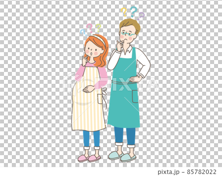 疑問を持つ若い妊婦さんとエプロン姿の夫 疑問を持つ若い妊婦さんとエプロン姿の夫 85782022