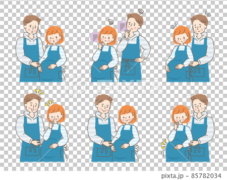 Facial expression set of anxious pregnant woman and her husband snuggling up Facial expression set of anxious pregnant woman and her husband snuggling up 85782034