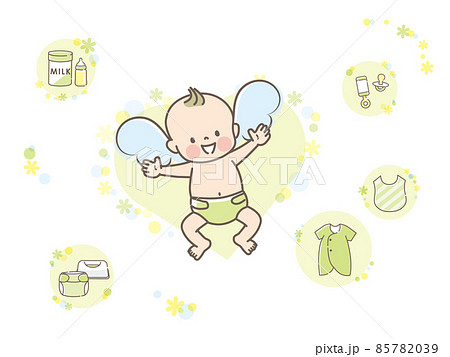 笑顔の赤ちゃんとベビー用品セット 85782039