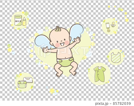 笑顔の赤ちゃんとベビー用品セット 85782039