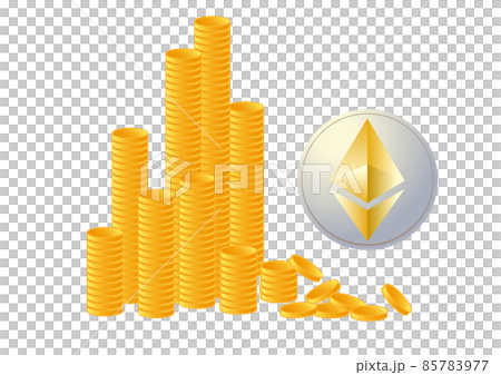 積み上げられたたくさんのイーサリアムコイン 85783977