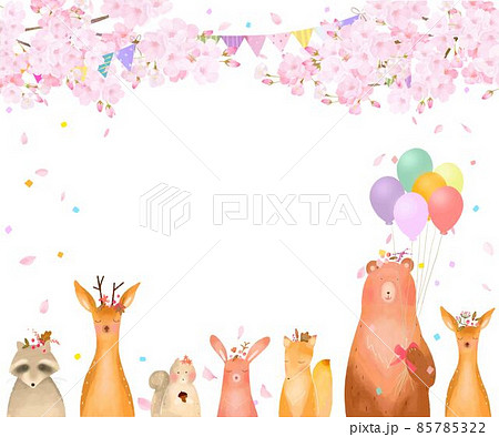 森の動物が満開の桜の木の下にいる春の北欧風かわいい風船付きフレームイラストベクター素材 のイラスト素材 森の動物が満開の桜の木の下にいる春の北欧風かわいい風船付きフレームイラストベクター素材 のイラスト素材