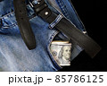 100 usd banknotes visible in the pocket of a jeans lying on the floor, your jeans and 100 usd, 85786125