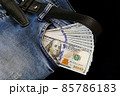 100 usd banknotes visible in the pocket of a jeans lying on the floor, your jeans and 100 usd, 85786183
