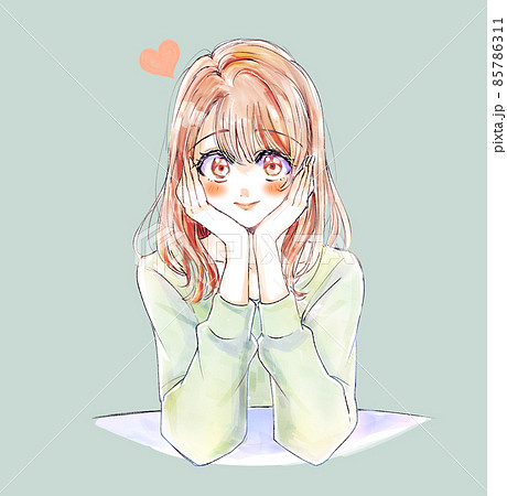 頬杖をつく恋する女性のイラスト素材