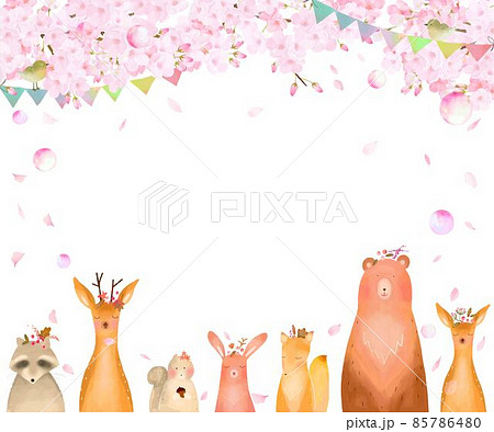 森の動物が満開の桜の木の下にいるピンクのシャボン玉の舞う春の北欧風ほんわかフレームイラスト素材 のイラスト素材
