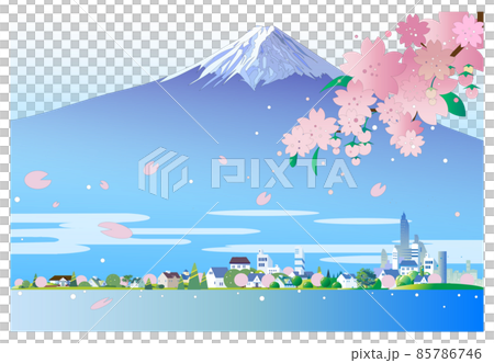 Background illustration of the cityscape where cherry blossoms dance and Mt. Fuji 85786746