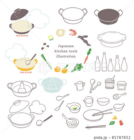 キッチンツールのイラストセット/鍋と調味料 85787652