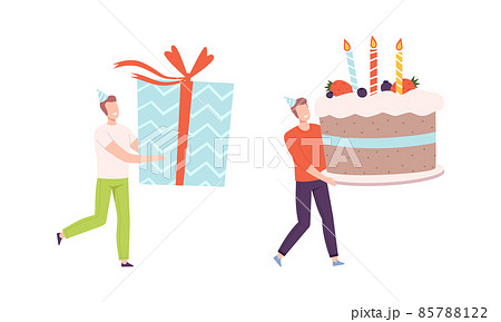 Man in Birthday Hat Carrying Huge Cake with Candles and Gift Box Vector Set Man in Birthday Hat Carrying Huge Cake with Candles and Gift Box Vector Set 85788122
