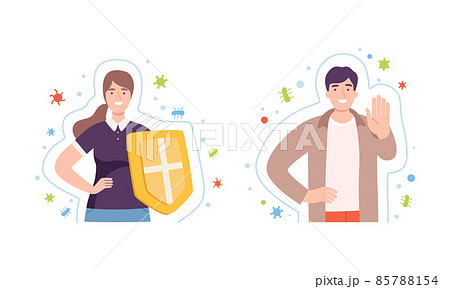 Young Male and Female with Invisible Barrier for Pathogen and Germs Vector Illustration Set Young Male and Female with Invisible Barrier for Pathogen and Germs Vector Illustration Set 85788154