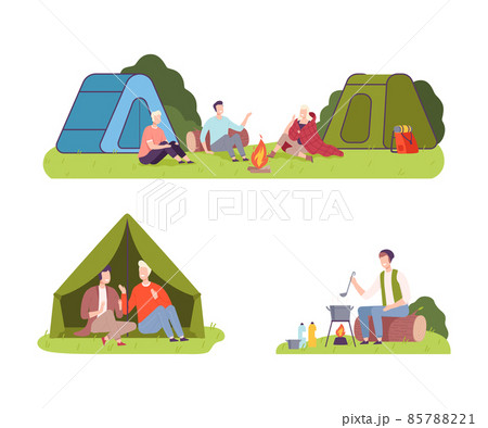 Young Man and Woman Camping Sitting Near Tent with Campfire and Talking Vector Illustration Set 85788221