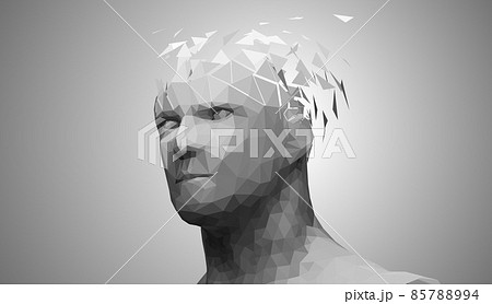 Human head, low poly style 3d vector wireframe object broken into different particles. 85788994