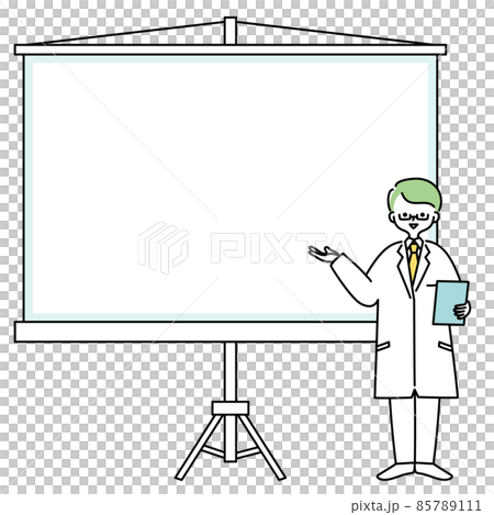 Illustration of a man in a lab coat explaining in front of the screen Illustration of a man in a lab coat explaining in front of the screen 85789111