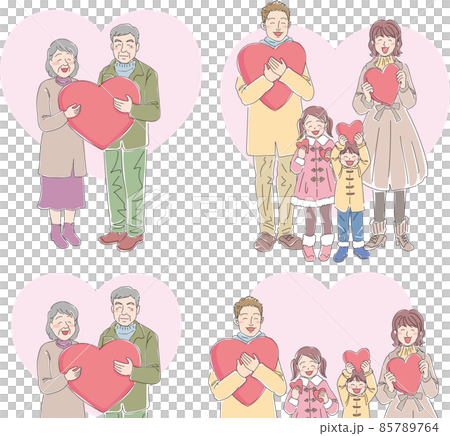 ハートを持った笑顔の家族_カラー_冬服_セット_背景ハート入り 85789764
