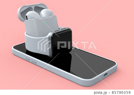 Mockup of smart watches and wireless bluetooth headphones lying on smartphone. 85790359