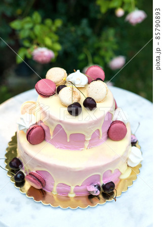 Fruit cake decorated with cherries and French macaroni served on a marble table against the background of a garden with blooming roses Fruit cake decorated with cherries and French macaroni served on a marble table against the background of a garden with blooming roses 85790893