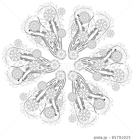 Mandala isolated design element, geometric line pattern. Stylized floral round ornament. Zen doodle art, monochrome sketch, coloring book page, textile fabric print. Black and white illustration. 85791025