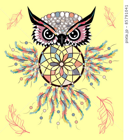 Artistic owl with Dreamcatcher. Graphic arts, dotwork Artistic owl with Dreamcatcher. Graphic arts, dotwork 85791041