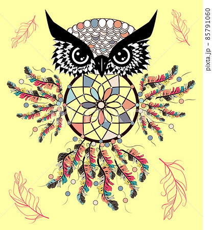 Patterned owl on the grunge background. African indian totem tattoo design 85791060