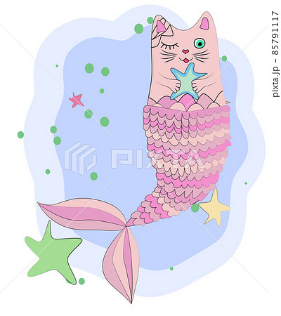 Fun magic cat unicorn and mermaid. Cat unicorn with a mermaid's tail in the colors of the rainbow and with a starfish in its paws, print design 85791117